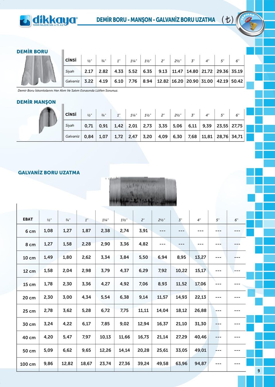 DEMİR MANŞON CİNSİ " ¼" " " " " 0,7 0,9,,0,73 3,3,0, 9,39 3, 7, 0,,07,7,7 3,,09, 7,,,7 3,7 GALVANİZ BORU UZATMA EBAT " ¼" " " " " cm,0,7,7,3,7