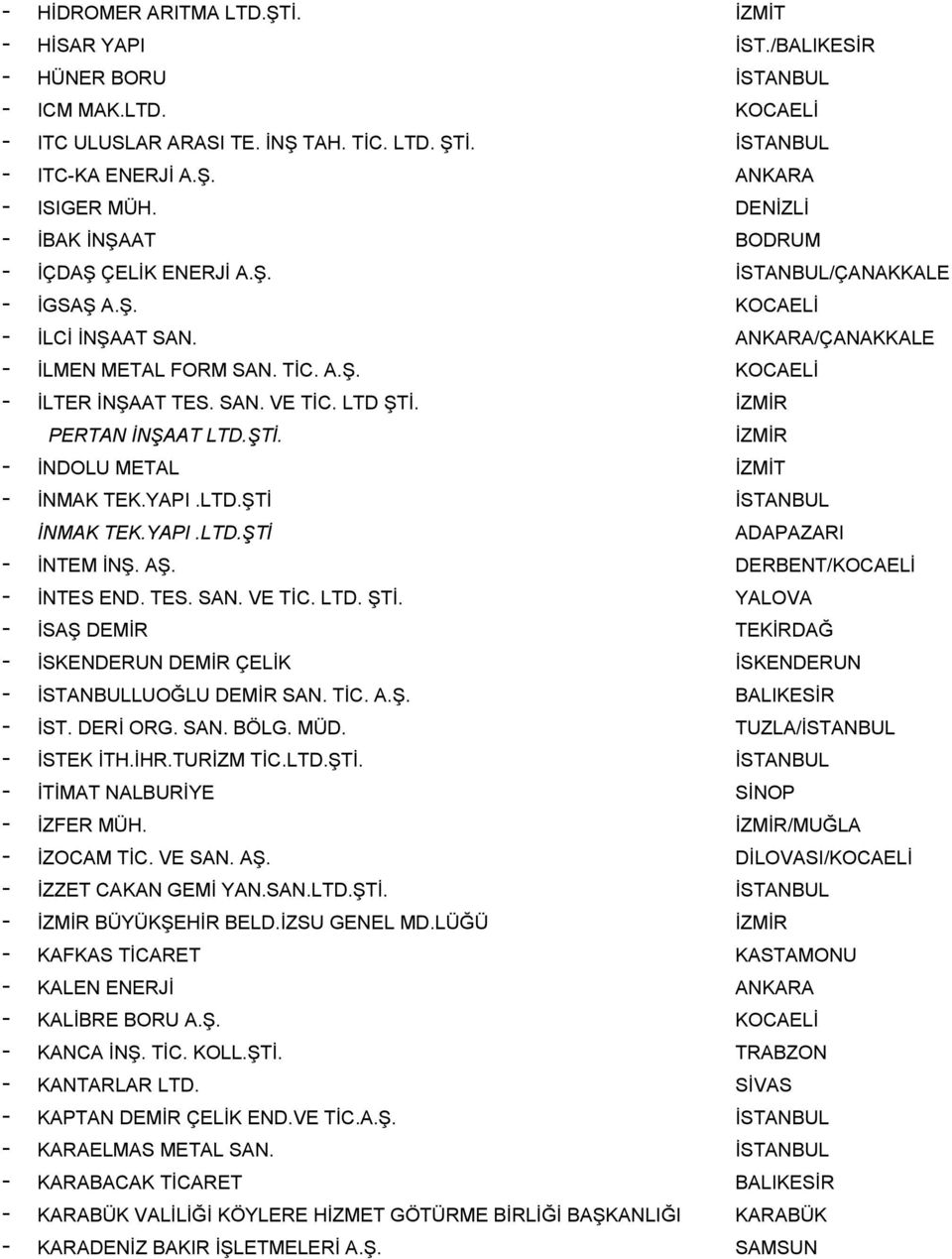 İZMİR PERTAN İNŞAAT LTD.ŞTİ. İZMİR İNDOLU METAL İNMAK TEK.YAPI.LTD.ŞTİ İNMAK TEK.YAPI.LTD.ŞTİ ADAPAZARI İNTEM İNŞ. AŞ. DERBENT/ İNTES END. TES. SAN. VE TİC. LTD. ŞTİ.