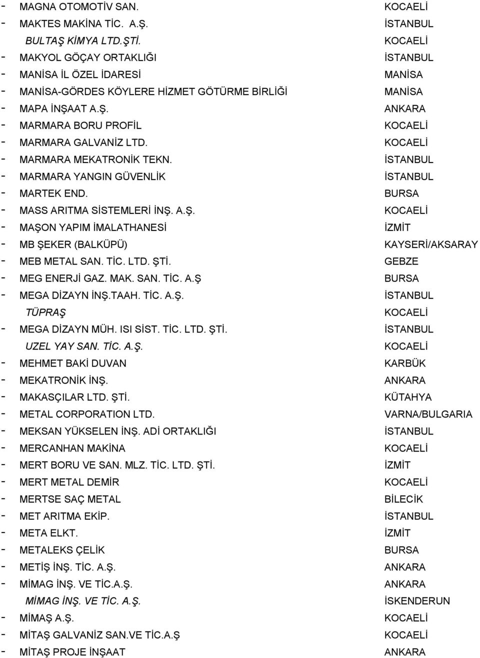 GEBZE MEG ENERJİ GAZ. MAK. SAN. TİC. A.Ş BURSA MEGA DİZAYN İNŞ.TAAH. TİC. A.Ş. TÜPRAŞ MEGA DİZAYN MÜH. ISI SİST. TİC. LTD. ŞTİ. UZEL YAY SAN. TİC. A.Ş. MEHMET BAKİ DUVAN KARBÜK MEKATRONİK İNŞ.