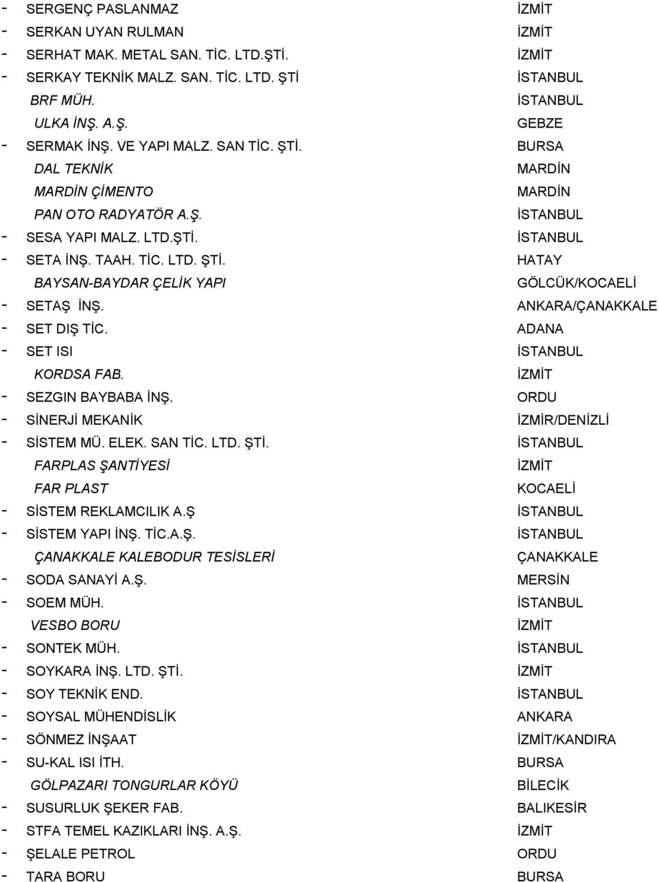 ORDU SİNERJİ MEKANİK İZMİR/DENİZLİ SİSTEM MÜ. ELEK. SAN TİC. LTD. ŞTİ. FARPLAS ŞANTİYESİ FAR PLAST SİSTEM REKLAMCILIK A.Ş SİSTEM YAPI İNŞ. TİC.A.Ş. ÇANAKKALE KALEBODUR TESİSLERİ ÇANAKKALE SODA SANAYİ A.