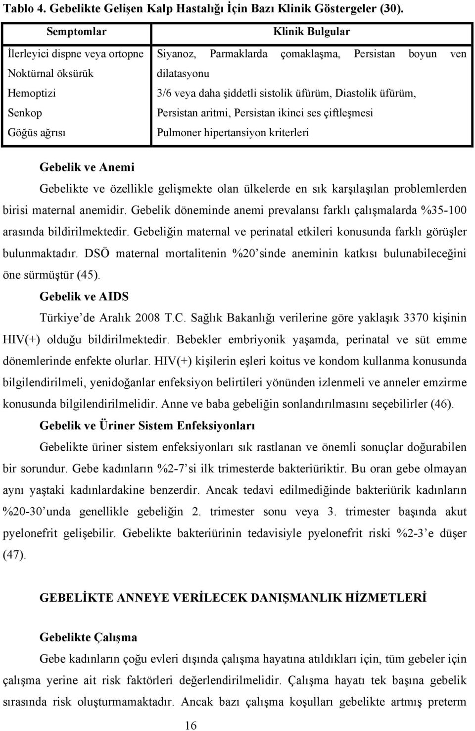 sistolik üfürüm, Diastolik üfürüm, Persistan aritmi, Persistan ikinci ses çiftleşmesi Pulmoner hipertansiyon kriterleri Gebelik ve Anemi Gebelikte ve özellikle gelişmekte olan ülkelerde en sık