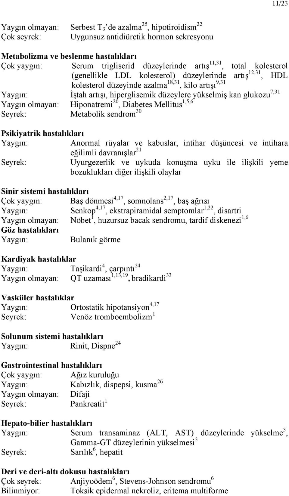 glukozu 7,31 Yaygın olmayan: Hiponatremi 20, Diabetes Mellitus 1,5,6 Seyrek: Metabolik sendrom 30 Psikiyatrik hastalıkları Yaygın: Anormal rüyalar ve kabuslar, intihar düşüncesi ve intihara eğilimli