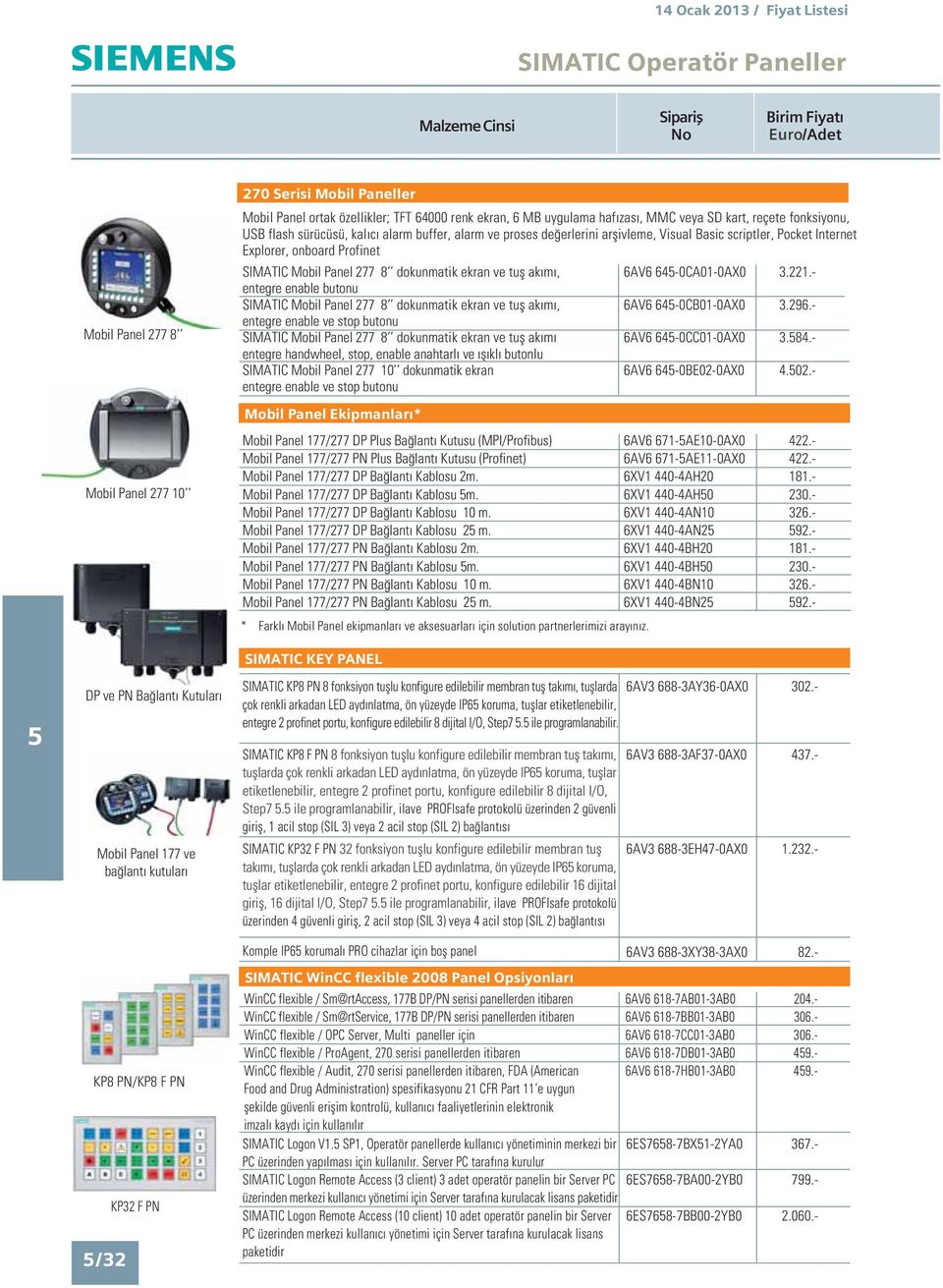 ekran ve tufl ak m, 6AV6 64-0CA01-0AX0 3.221.- entegre enable butonu SIMATIC Mobil Panel 277 8 dokunmatik ekran ve tufl ak m, 6AV6 64-0CB01-0AX0 3.296.