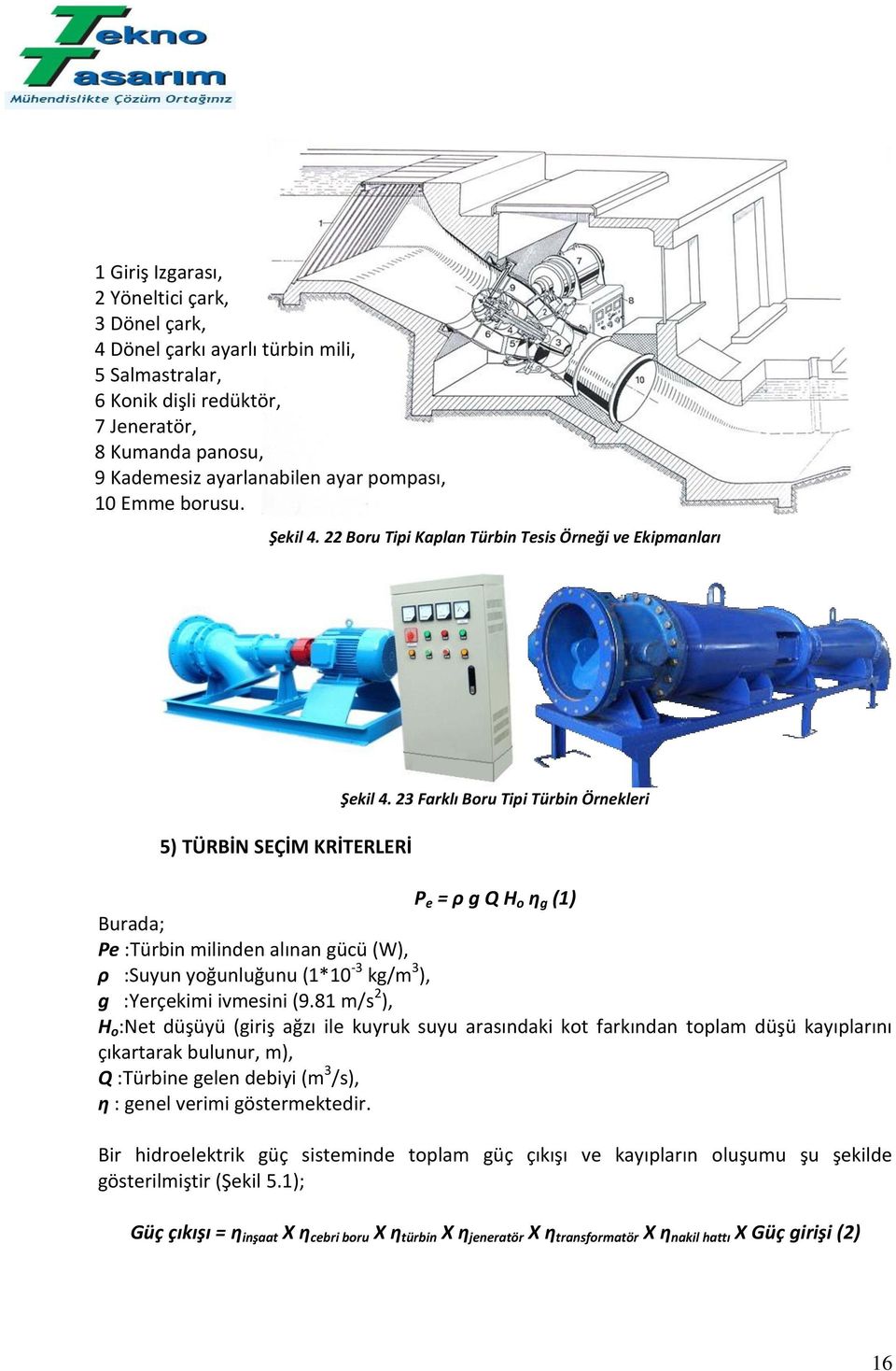 23 Farklı Boru Tipi Türbin Örnekleri P e = ρ g Q H o η g (1) Burada; Pe :Türbin milinden alınan gücü (W), ρ :Suyun yoğunluğunu (1*10-3 kg/m 3 ), g :Yerçekimi ivmesini (9.