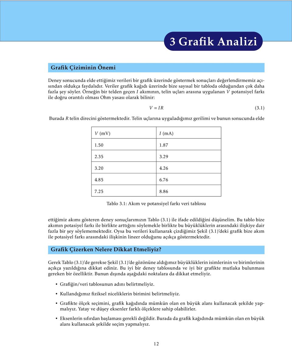 Örneğin bir telden geçen I akımının, telin uçları arasına uygulanan V potansiyel farkı ile doğru orantılı olması Ohm yasası olarak bilinir: V = IR (3.1) Burada R telin direcini göstermektedir.