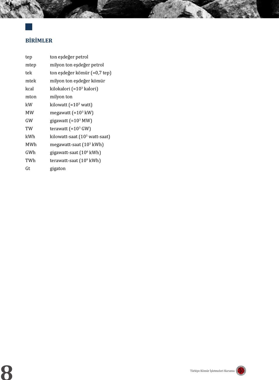 milyon ton kilowatt (=10 3 watt) megawatt (=10 3 kw) gigawatt (=10 3 MW) terawatt (=10 3 GW)