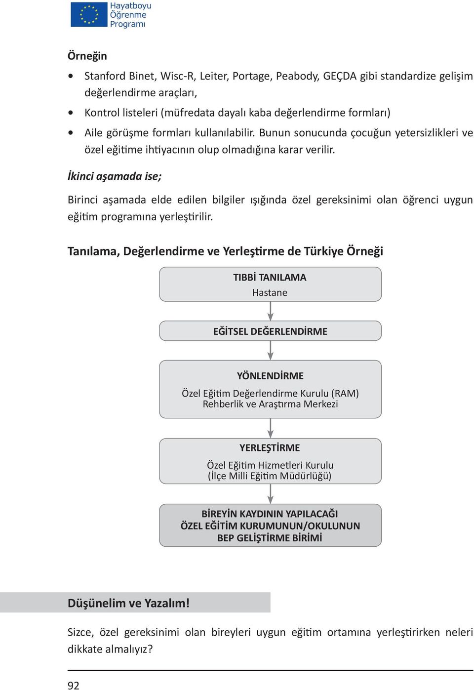 İkinci aşamada ise; Birinci aşamada elde edilen bilgiler ışığında özel gereksinimi olan öğrenci uygun eğitim programına yerleştirilir.