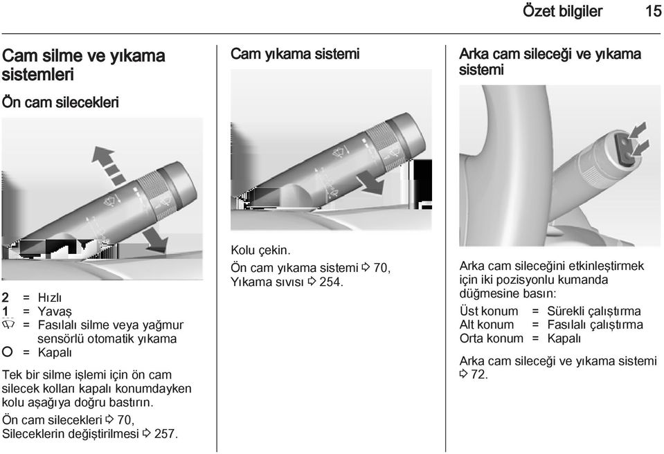 Ön cam silecekleri 3 70, Sileceklerin değiştirilmesi 3 257. Kolu çekin. Ön cam yıkama sistemi 3 70, Yıkama sıvısı 3 254.