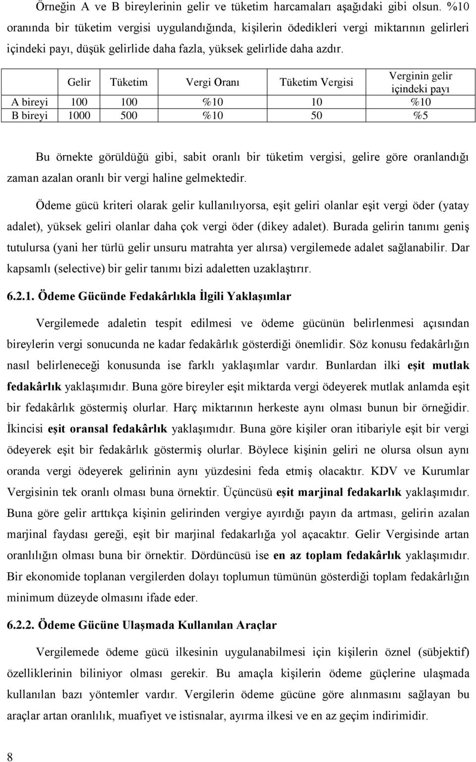 Gelir Tüketim Vergi Oranı Tüketim Vergisi Verginin gelir içindeki payı A bireyi 100 100 %10 10 %10 B bireyi 1000 500 %10 50 %5 Bu örnekte görüldüğü gibi, sabit oranlı bir tüketim vergisi, gelire göre