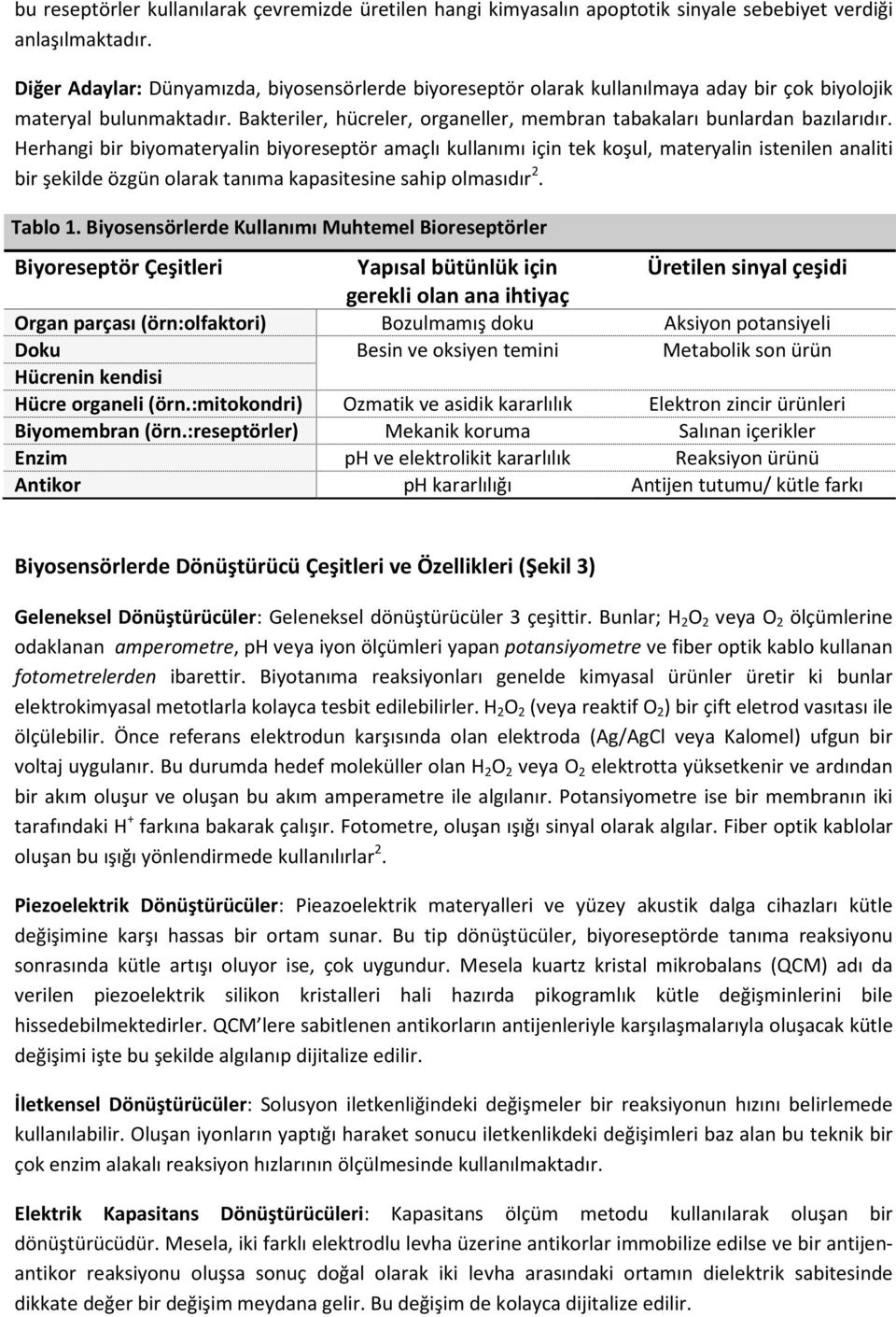 Herhangi bir biyomateryalin biyoreseptör amaçlı kullanımı için tek koşul, materyalin istenilen analiti bir şekilde özgün olarak tanıma kapasitesine sahip olmasıdır 2. Tablo 1.