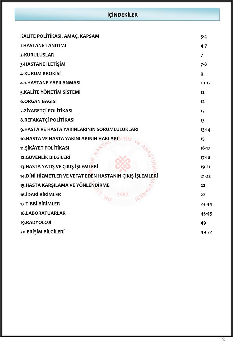 HASTA VE HASTA YAKINLARININ HAKLARI 15 11.ŞİKÂYET POLİTİKASI 16-17 12.GÜVENLİK BİLGİLERİ 17-18 13.HASTA YATIŞ VE ÇIKIŞ İŞLEMLERİ 19-21 14.