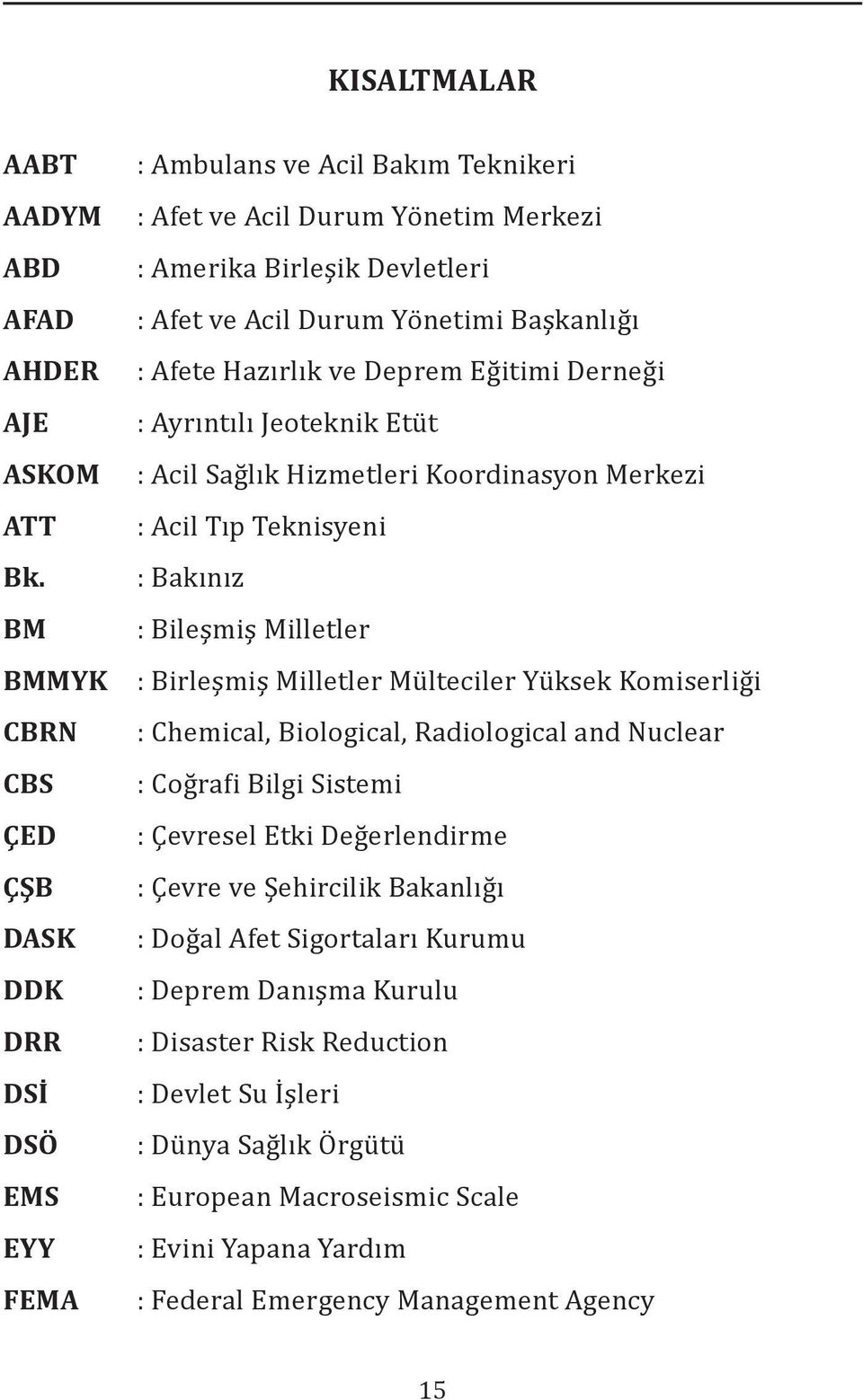 Başkanlığı : Afete Hazırlık ve Deprem Eğitimi Derneği : Ayrıntılı Jeoteknik Etüt : Acil Sağlık Hizmetleri Koordinasyon Merkezi : Acil Tıp Teknisyeni : Bakınız : Bileşmiş Milletler : Birleşmiş