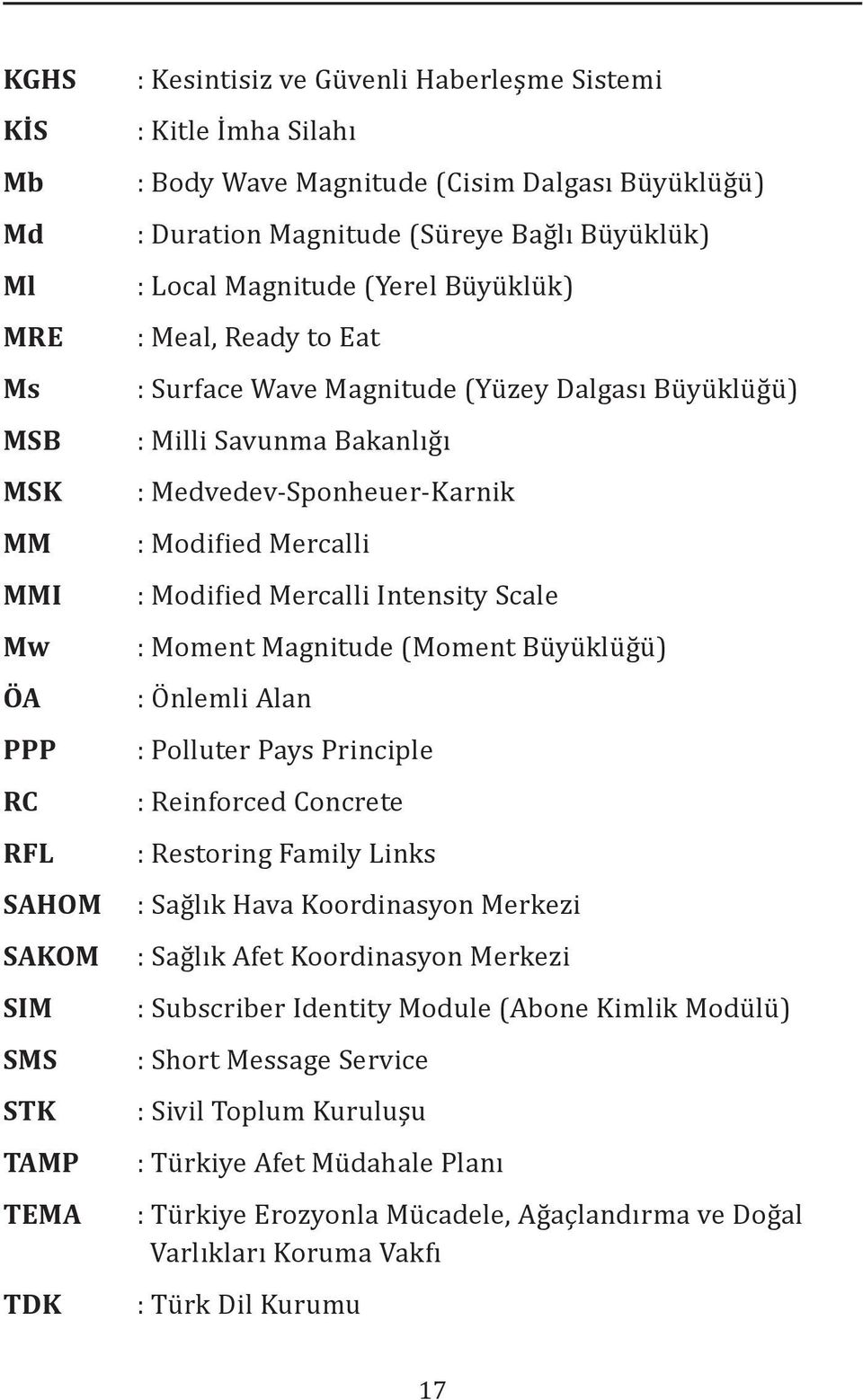 Medvedev-Sponheuer-Karnik : Modified Mercalli : Modified Mercalli Intensity Scale : Moment Magnitude (Moment Büyüklüğü) : Önlemli Alan : Polluter Pays Principle : Reinforced Concrete : Restoring