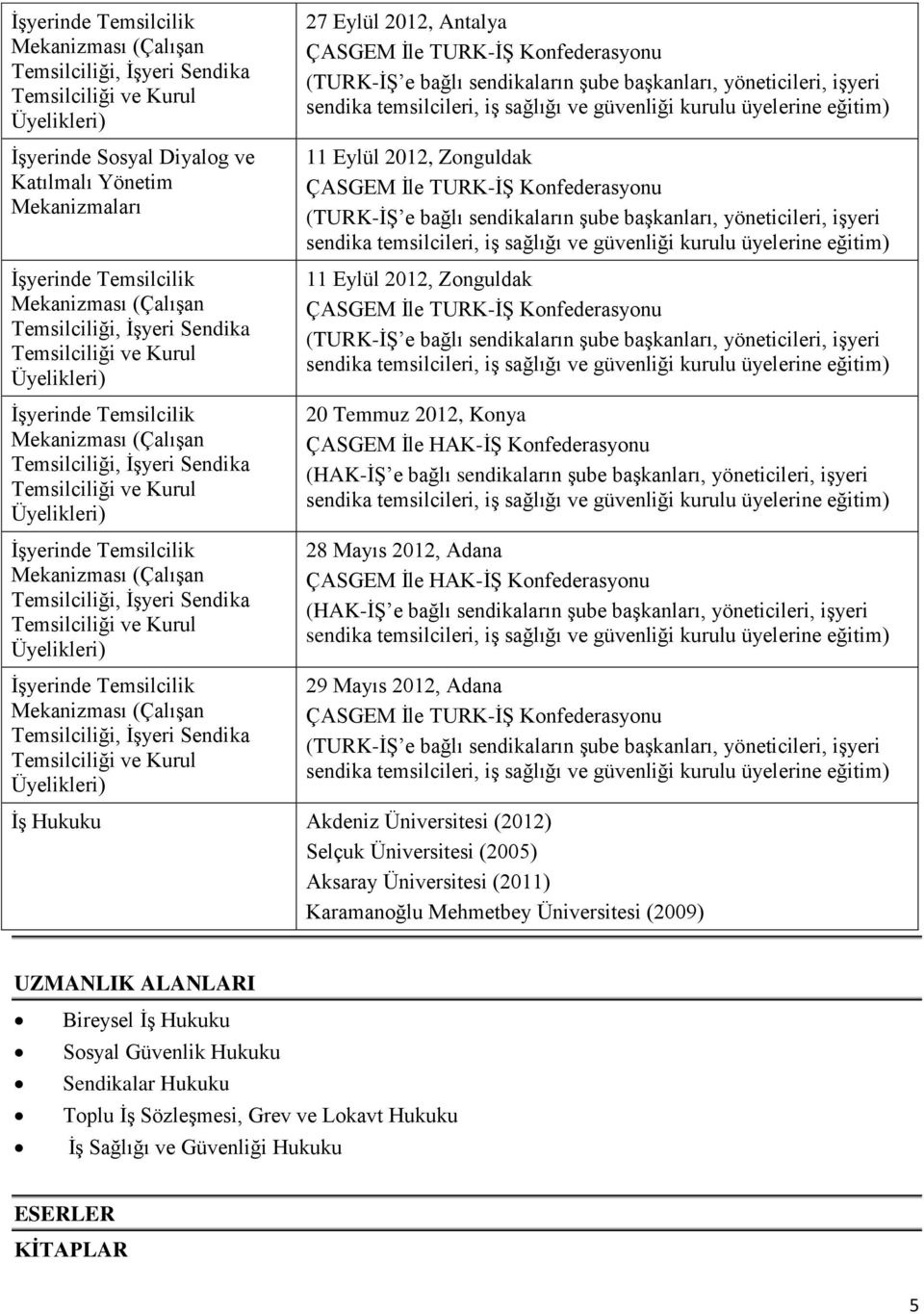 Akdeniz Üniversitesi (2012) Selçuk Üniversitesi (2005) Aksaray Üniversitesi (2011) Karamanoğlu Mehmetbey Üniversitesi (2009) UZMANLIK ALANLARI