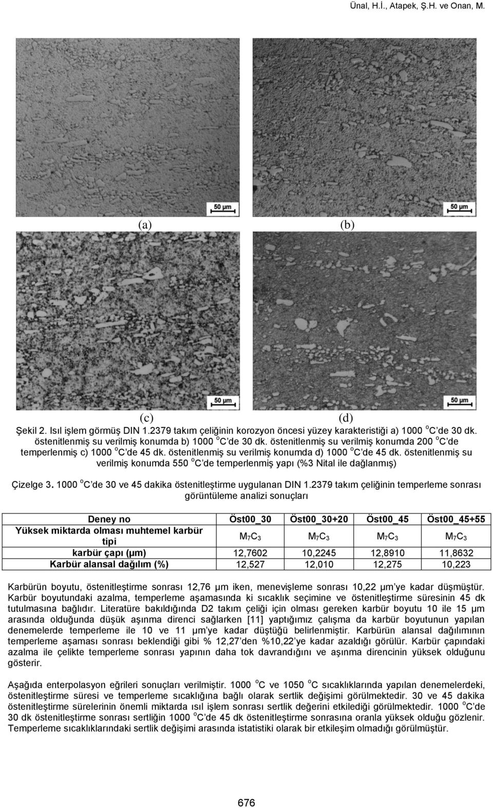 östenitlenmiş su verilmiş konumda 550 o C de temperlenmiş yapı (%3 Nital ile dağlanmış) Çizelge 3. 1000 o C de 30 ve 45 dakika östenitleştirme uygulanan DIN 1.