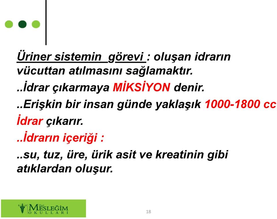 ..erişkin bir insan günde yaklaşık 1000-1800 cc İdrar çıkarır.