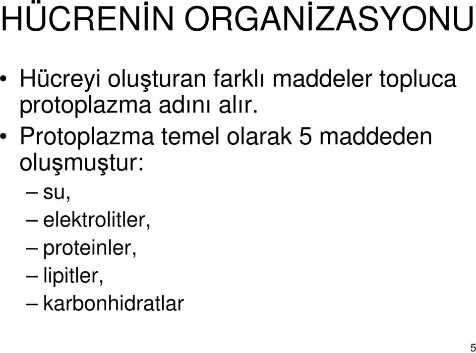 Protoplazma temel olarak 5 maddeden oluşmuştur: