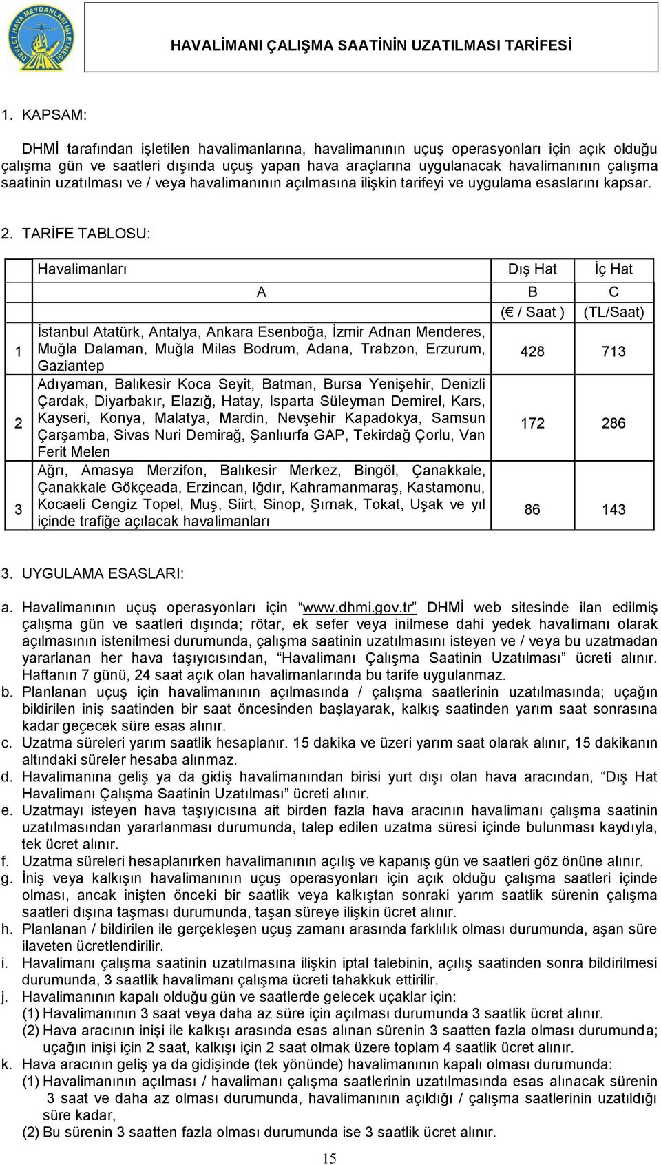 saatinin uzatılması ve / veya havalimanının açılmasına ilişkin tarifeyi ve uygulama esaslarını kapsar. 2.