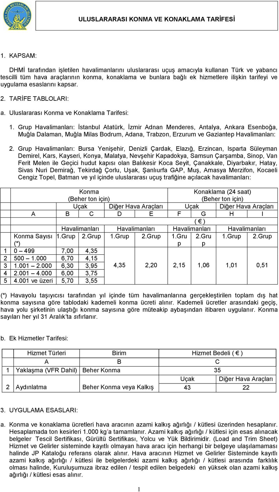 uygulama esaslarını kapsar. 2. TARİFE TABLOLARI: a. Uluslararası Konma ve Konaklama Tarifesi: 1.