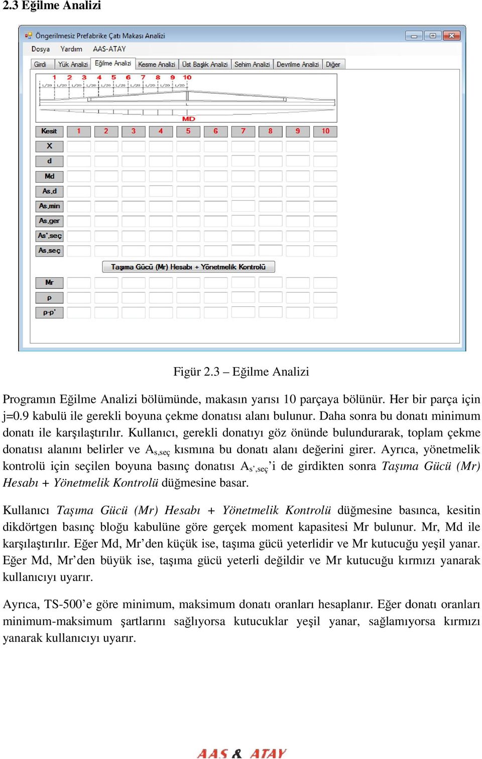 Kullanıcı, gerekli donatıyı göz önünde bulundurarak, toplam çekme donatısı alanını belirler ve A s,seç kısmına bu donatı alanı değerini erini girer.