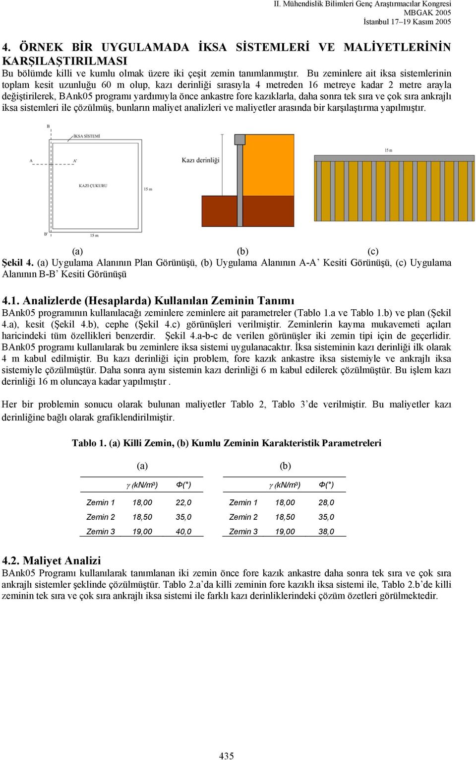 kazıklarla, daha sonra tek sıra ve çok sıra ankrajlı iksa sistemleri ile çözülmüş, bunların maliyet analizleri ve maliyetler arasında bir karşılaştırma yapılmıştır. (a) (b) (c) Şekil 4.