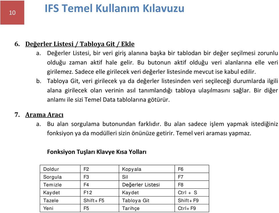 Bir diğer anlamı ile sizi Temel Data tablolarına götürür. 7. Arama Aracı a. Bu alan sorgulama butonundan farklıdır.