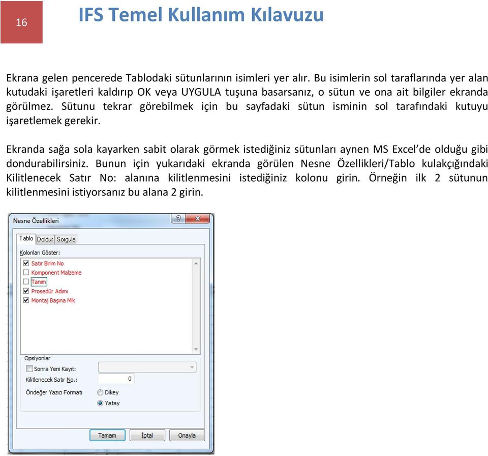 Sütunu tekrar görebilmek için bu sayfadaki sütun isminin sol tarafındaki kutuyu işaretlemek gerekir.