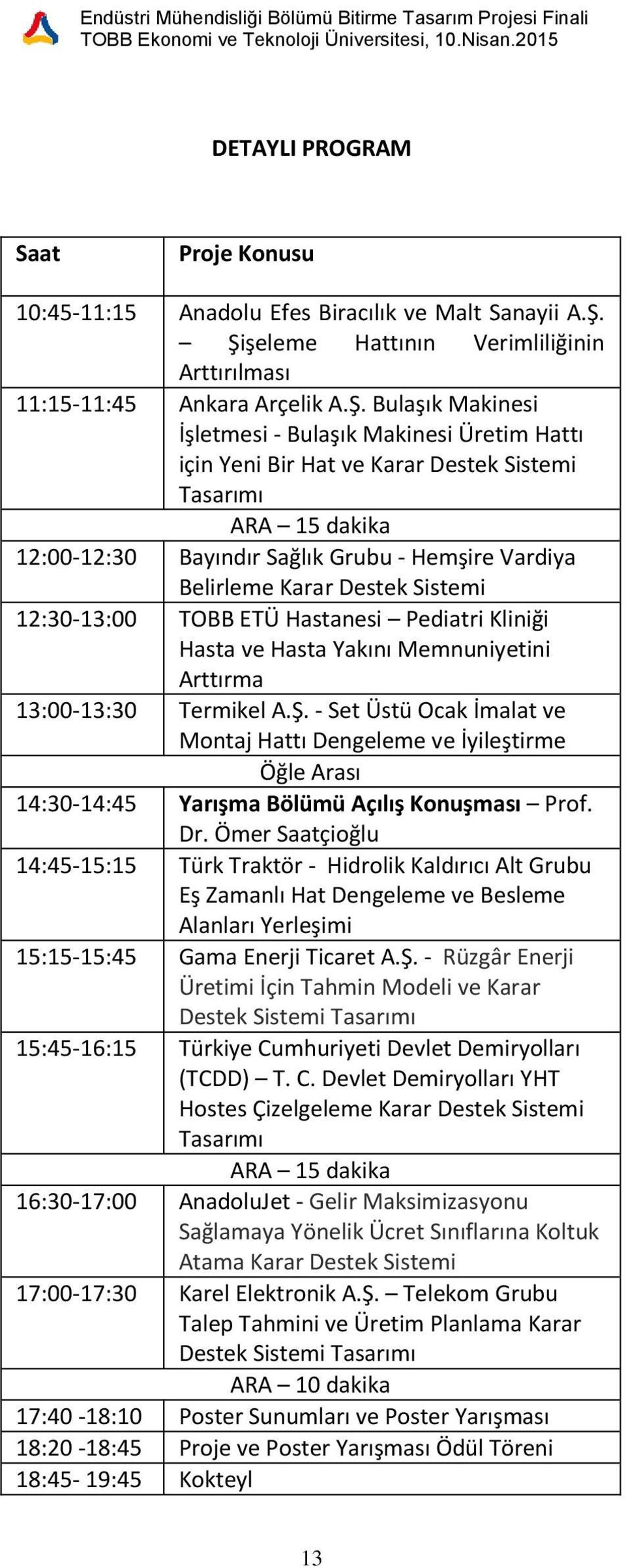 dakika 12:00-12:30 Bayındır Sağlık Grubu - Hemşire Vardiya Belirleme Karar Destek Sistemi 12:30-13:00 TOBB ETÜ Hastanesi Pediatri Kliniği Hasta ve Hasta Yakını Memnuniyetini Arttırma 13:00-13:30