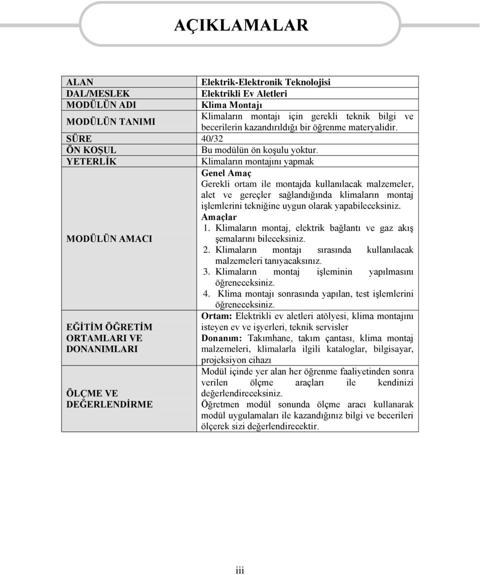 YETERLİK Klimaların montajını yapmak Genel Amaç Gerekli ortam ile montajda kullanılacak malzemeler, alet ve gereçler sağlandığında klimaların montaj işlemlerini tekniğine uygun olarak