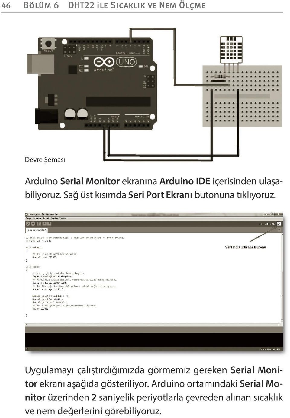 Uygulamayı çalıştırdığımızda görmemiz gereken Serial Monitor ekranı aşağıda gösteriliyor.