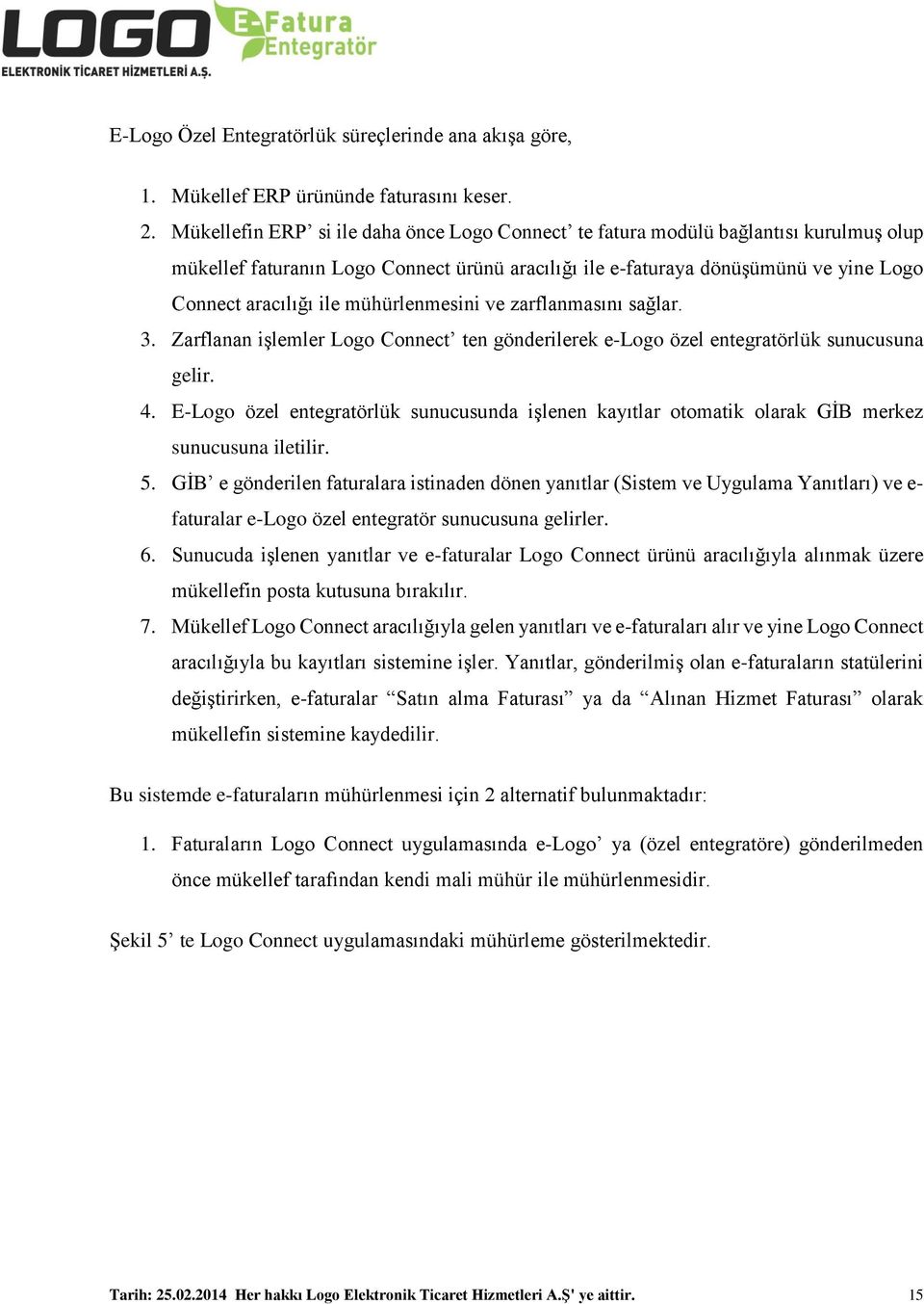 mühürlenmesini ve zarflanmasını sağlar. 3. Zarflanan işlemler Logo Connect ten gönderilerek e-logo özel entegratörlük sunucusuna gelir. 4.