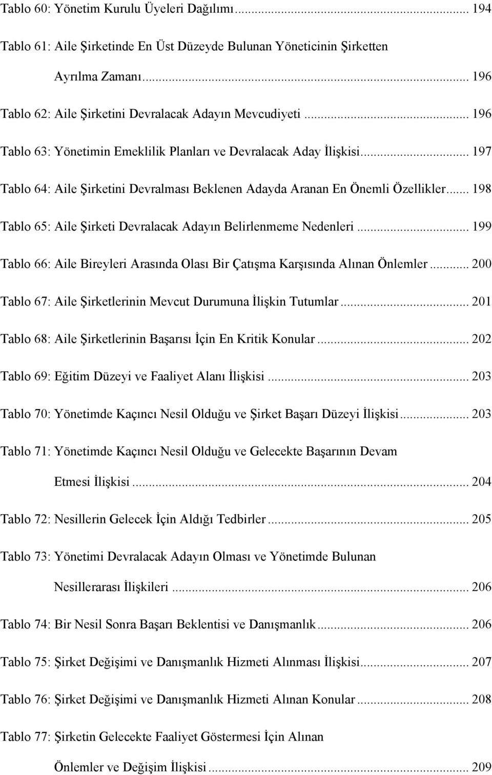 .. 198 Tablo 65: Aile Şirketi Devralacak Adayın Belirlenmeme Nedenleri... 199 Tablo 66: Aile Bireyleri Arasında Olası Bir Çatışma Karşısında Alınan Önlemler.