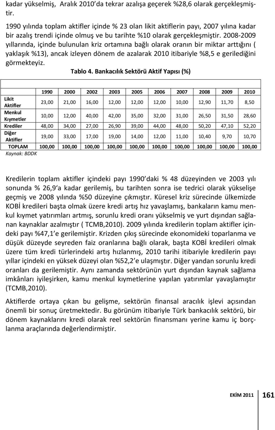 2008 2009 yıllarında, içinde bulunulan kriz ortamına bağlı olarak oranın bir miktar arttığını ( yaklaşık %13), ancak izleyen dönem de azalarak 2010 itibariyle %8,5 e gerilediğini görmekteyiz. Tablo 4.