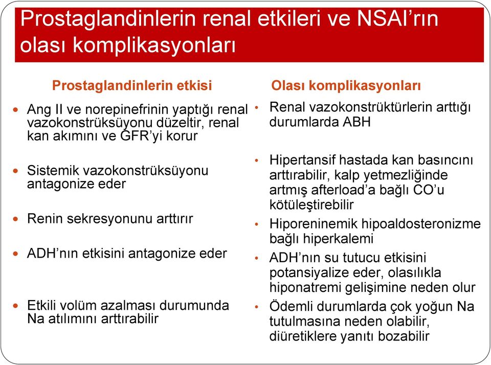 Renal vazokonstrüktürlerin arttığı durumlarda ABH Hipertansif hastada kan basıncını arttırabilir, kalp yetmezliğinde artmış afterload a bağlı CO u kötüleştirebilir Hiporeninemik