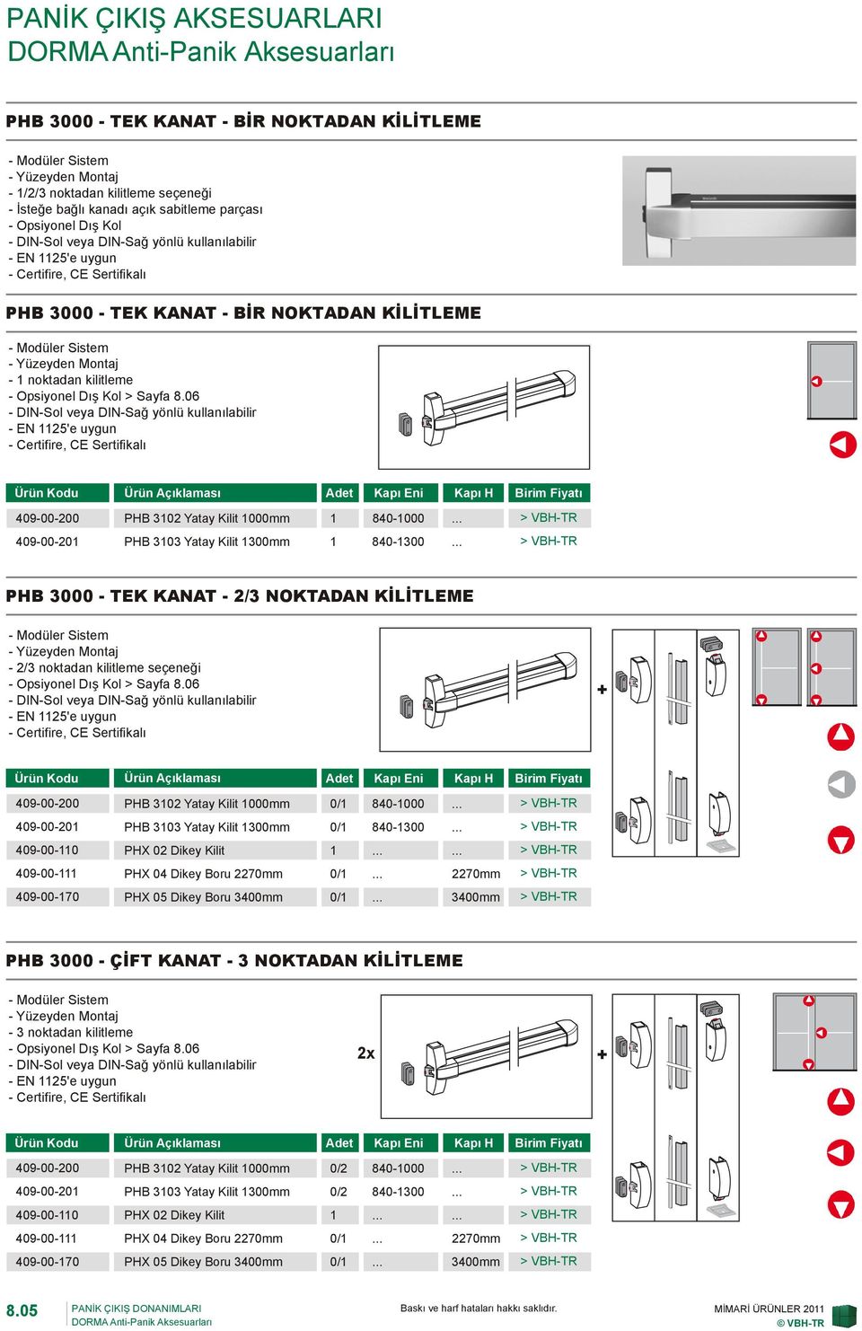 06 - EN 25'e uygun Ürün Kodu Ürün Açıklaması Adet Kapı Eni Kapı H Birim Fiyatı 409-00-200 PHB 302 Yatay Kilit 000mm 840-000 409-00-20 PHB 303 Yatay Kilit 300mm 840-300 PHB 3000 - TEK KANAT - 2/3