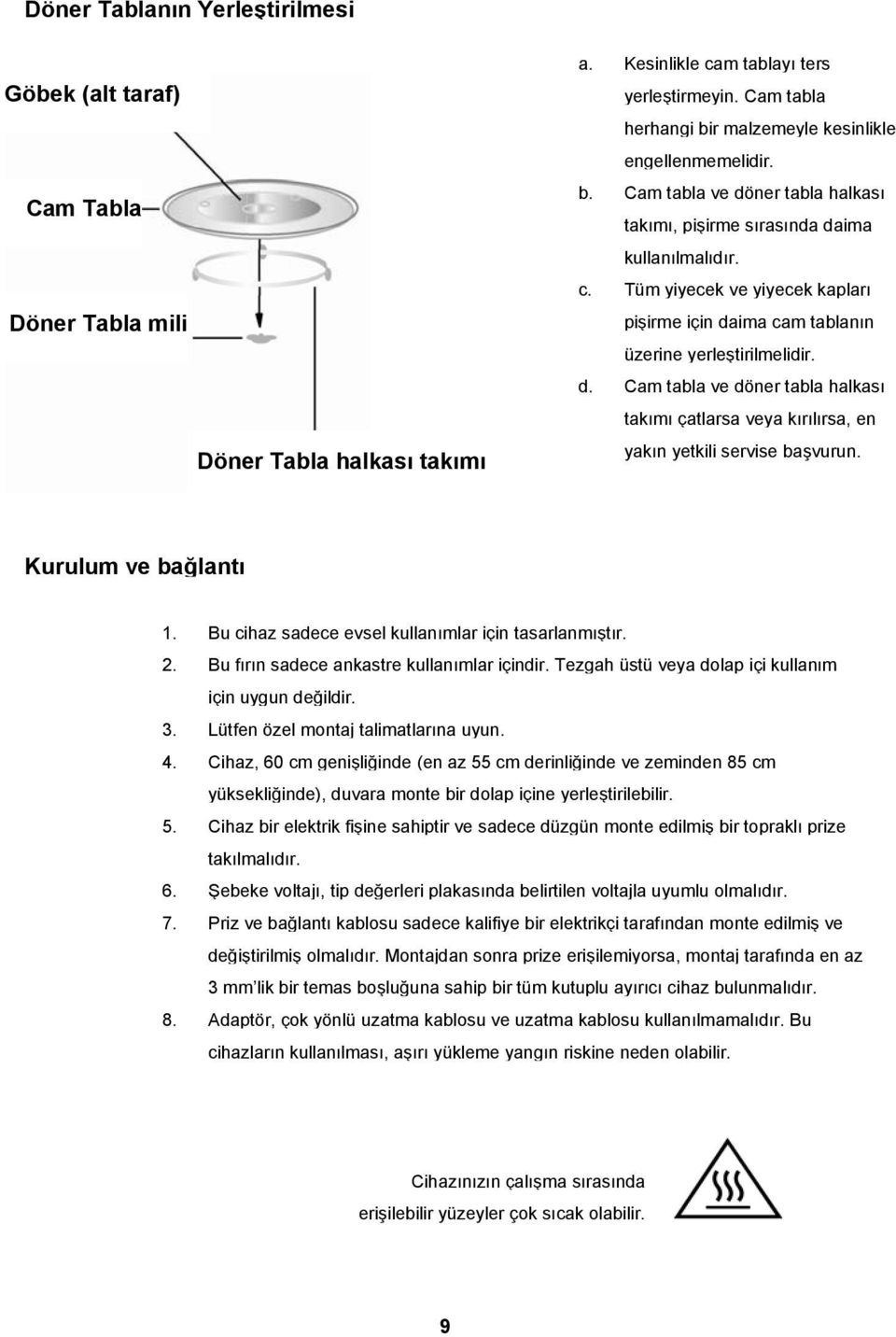 Tüm yiyecek ve yiyecek kapları pişirme için daima cam tablanın üzerine yerleştirilmelidir. d. Cam tabla ve döner tabla halkası takımı çatlarsa veya kırılırsa, en yakın yetkili servise başvurun.