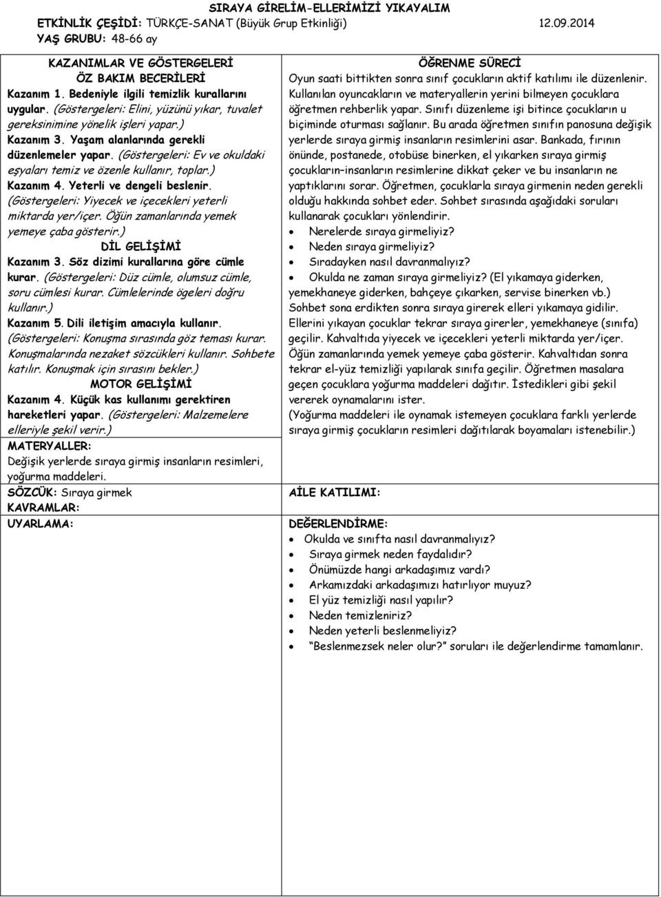 (Göstergeleri: Ev ve okuldaki eşyaları temiz ve özenle kullanır, toplar.) Kazanım 4. Yeterli ve dengeli beslenir. (Göstergeleri: Yiyecek ve içecekleri yeterli miktarda yer/içer.