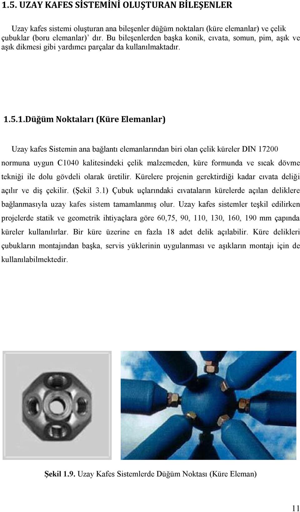 5.1.Düğüm Noktaları (Küre Elemanlar) Uzay kafes Sistemin ana bağlantı elemanlarından biri olan çelik küreler DIN 17200 normuna uygun C1040 kalitesindeki çelik malzemeden, küre formunda ve sıcak dövme