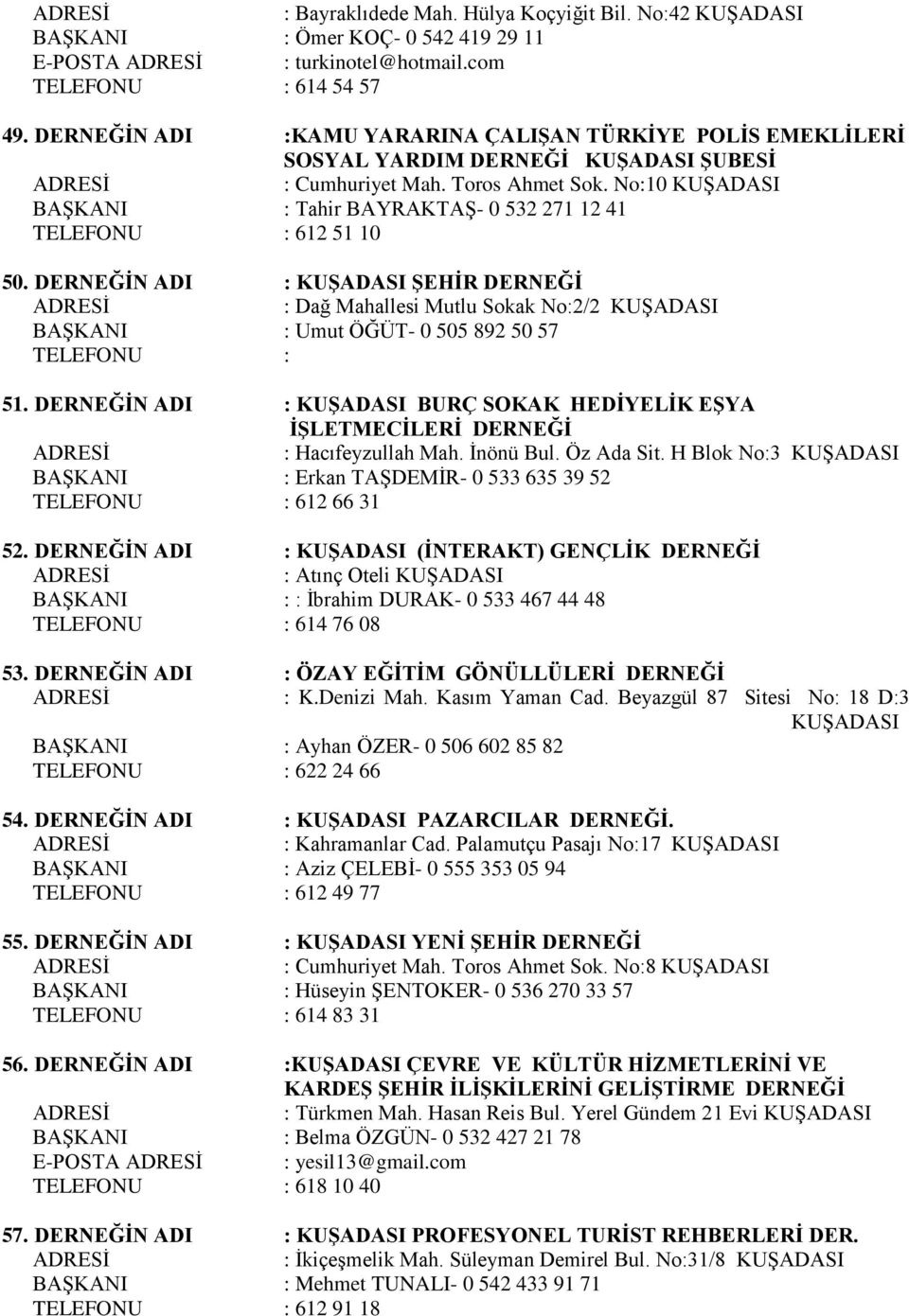 N ADI : KUŞADASI ŞEHİR : Dağ Mahallesi Mutlu Sokak No:2/2 KUŞADASI BAŞKANI : Umut ÖĞÜT- 0 505 892 50 57 51. N ADI : KUŞADASI BURÇ SOKAK HEDİYELİK EŞYA İŞLETMECİLERİ : Hacıfeyzullah Mah. İnönü Bul.