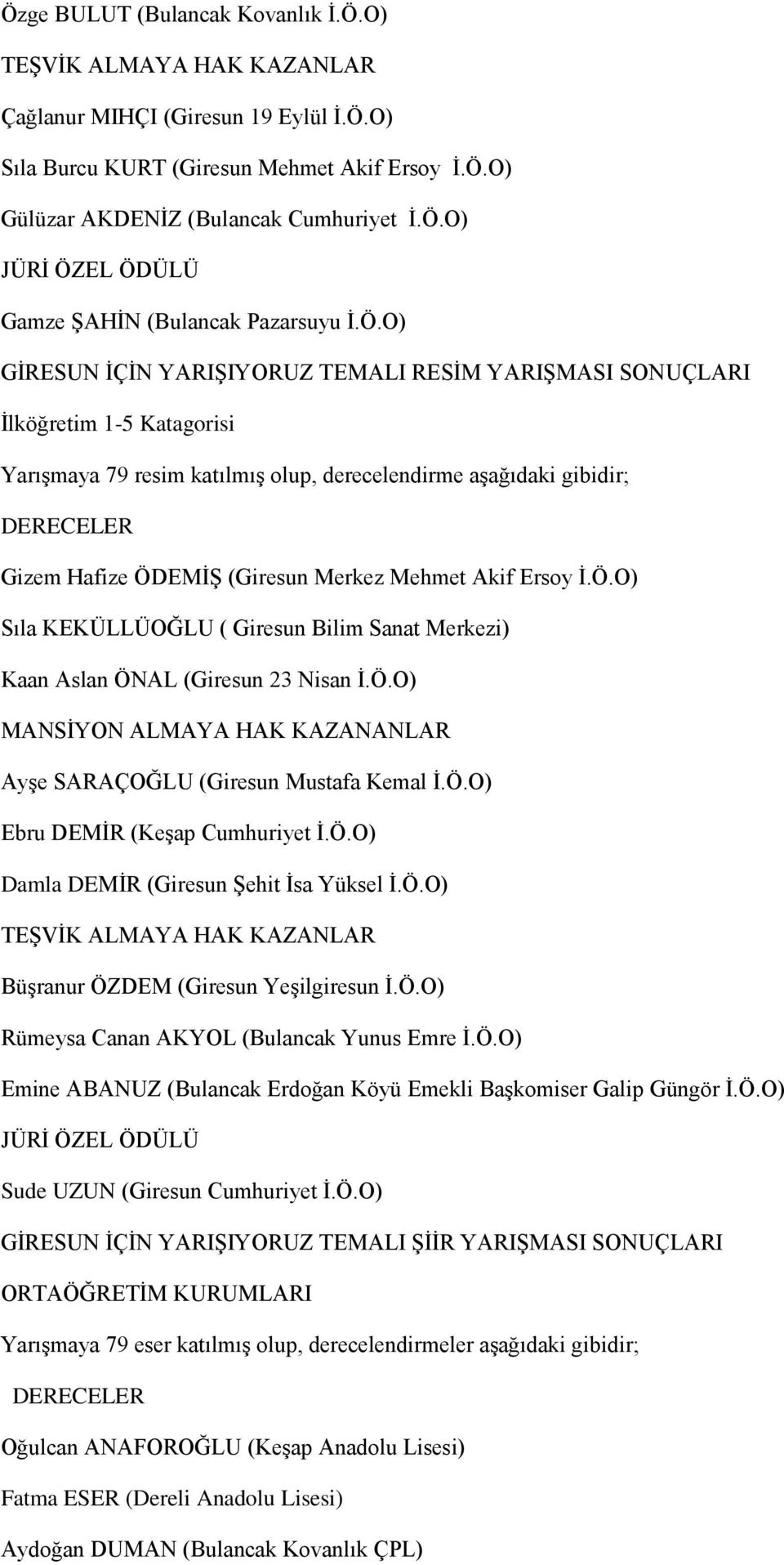 Akif Ersoy İ.Ö.O) Sıla KEKÜLLÜOĞLU ( Giresun Bilim Sanat Merkezi) Kaan Aslan ÖNAL (Giresun 23 Nisan İ.Ö.O) Ayşe SARAÇOĞLU (Giresun Mustafa Kemal İ.Ö.O) Ebru DEMİR (Keşap Cumhuriyet İ.Ö.O) Damla DEMİR (Giresun Şehit İsa Yüksel İ.