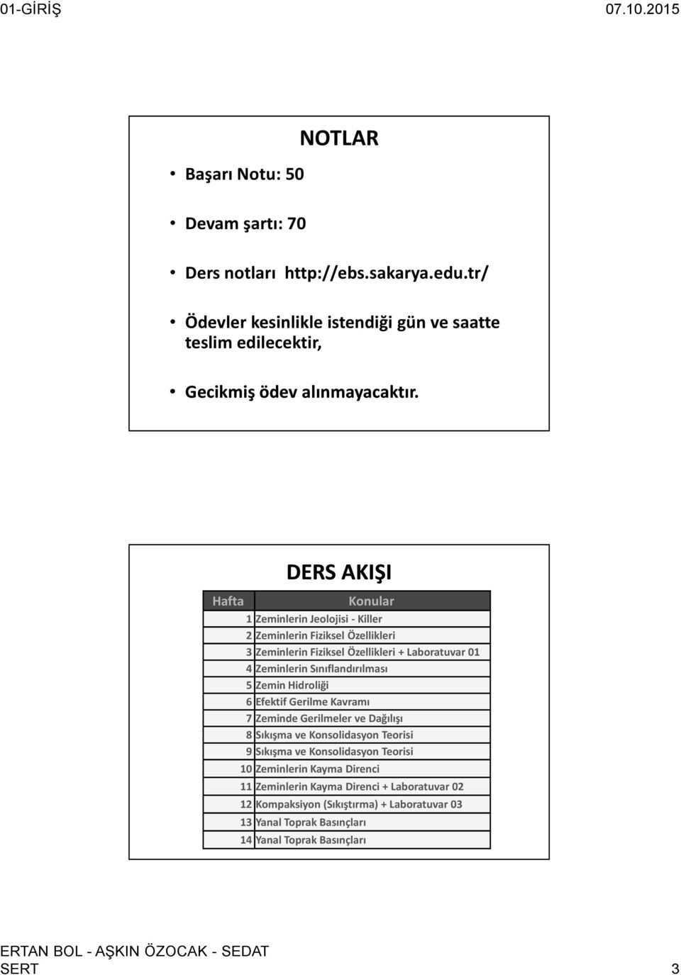 Hafta DERS AKIŞI Konular 1 Zeminlerin Jeolojisi - Killer 2 Zeminlerin Fiziksel Özellikleri 3 Zeminlerin Fiziksel Özellikleri + Laboratuvar 01 4 Zeminlerin