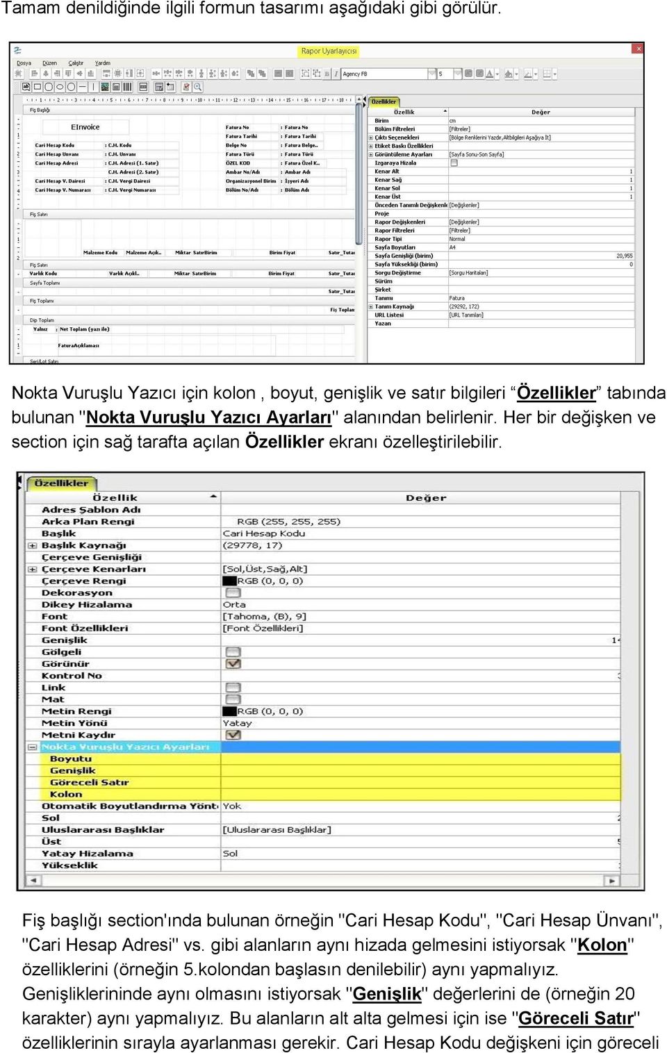 Her bir değişken ve section için sağ tarafta açılan Özellikler ekranı özelleştirilebilir. Fiş başlığı section'ında bulunan örneğin "Cari Hesap Kodu", "Cari Hesap Ünvanı", "Cari Hesap Adresi" vs.