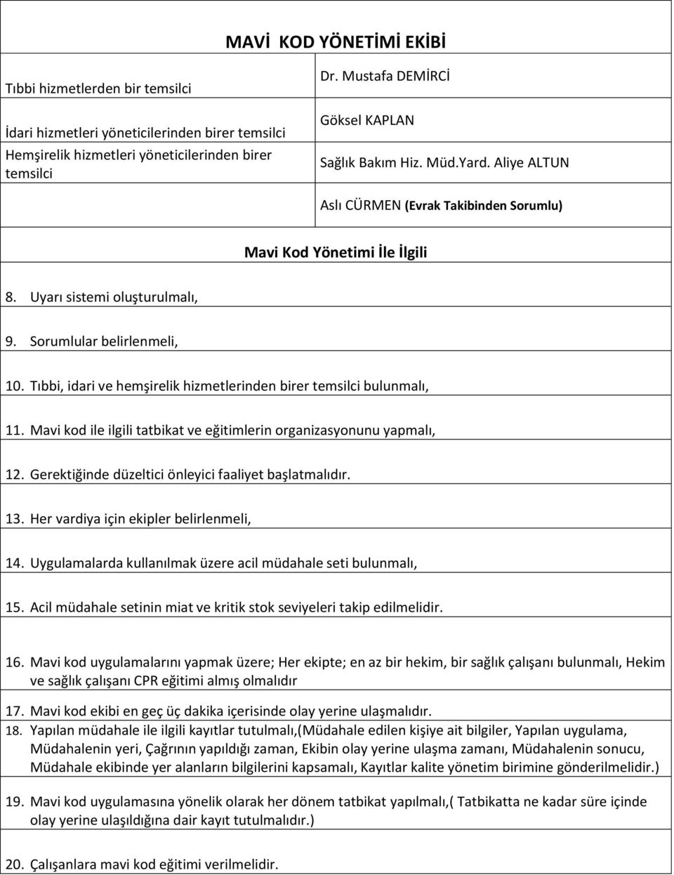 Tıbbi, idari ve hemşirelik hizmetlerinden birer bulunmalı, 11. Mavi kod ile ilgili tatbikat ve eğitimlerin organizasyonunu yapmalı, 12. Gerektiğinde düzeltici önleyici faaliyet başlatmalıdır. 13.