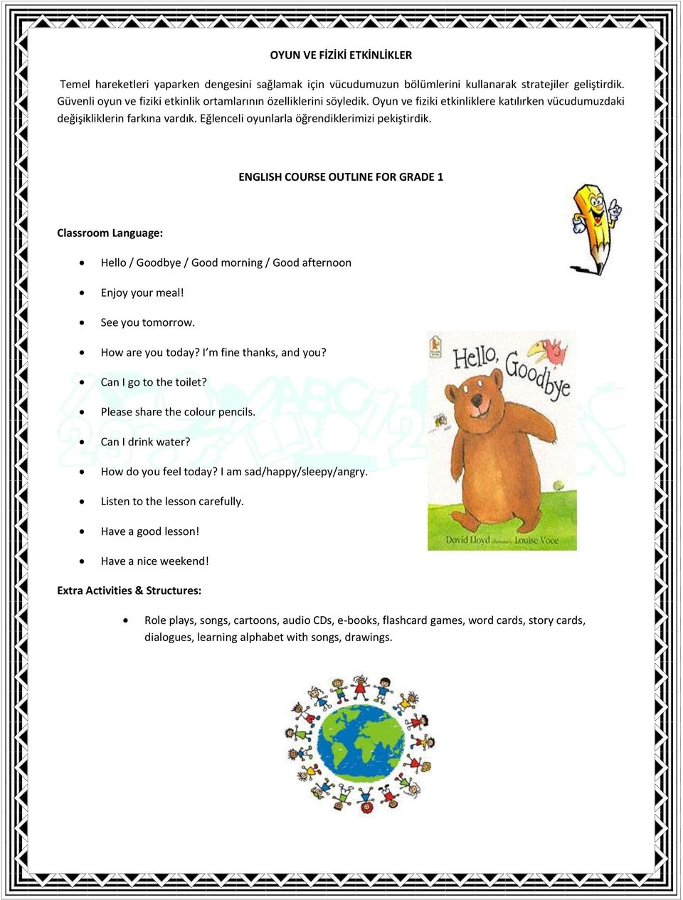 Eğlenceli oyunlarla öğrendiklerimizi pekiştirdik. ENGLISH COURSE OUTLINE FOR GRADE 1 Classroom Language: Hello / Goodbye / Good morning / Good afternoon Enjoy your meal! See you tomorrow.