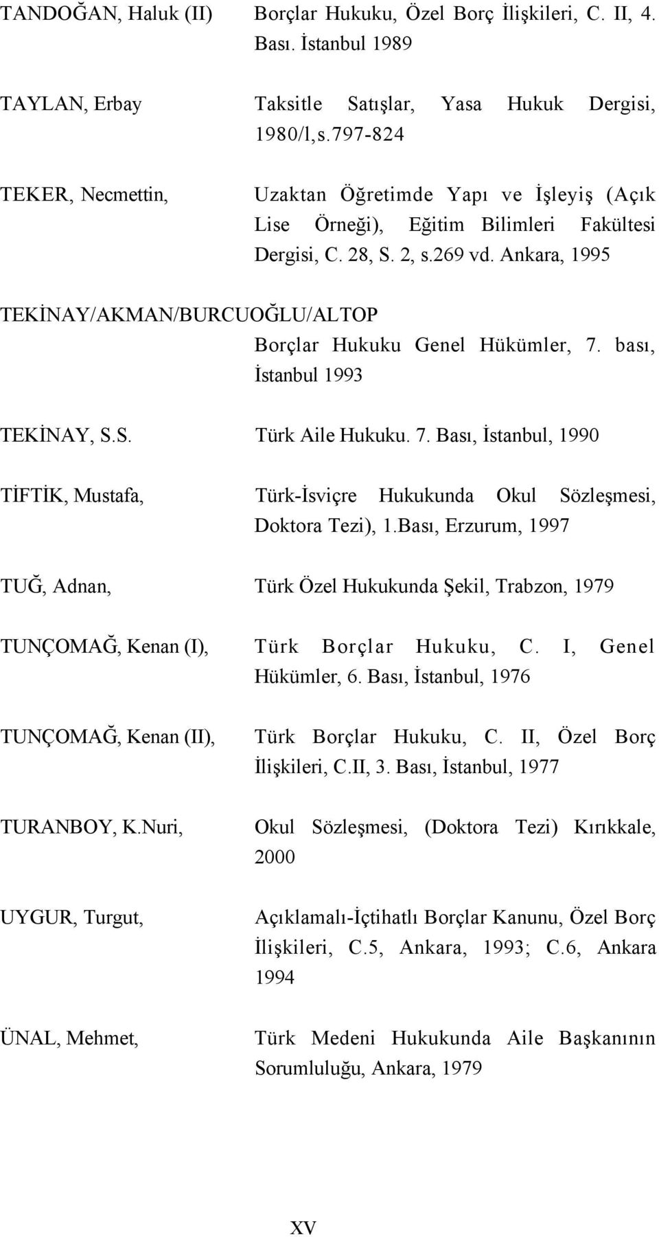 Ankara, 1995 TEKİNAY/AKMAN/BURCUOĞLU/ALTOP Borçlar Hukuku Genel Hükümler, 7. bası, İstanbul 1993 TEKİNAY, S.S. Türk Aile Hukuku. 7. Bası, İstanbul, 1990 TİFTİK, Mustafa, Türk-İsviçre Hukukunda Okul Sözleşmesi, Doktora Tezi), 1.
