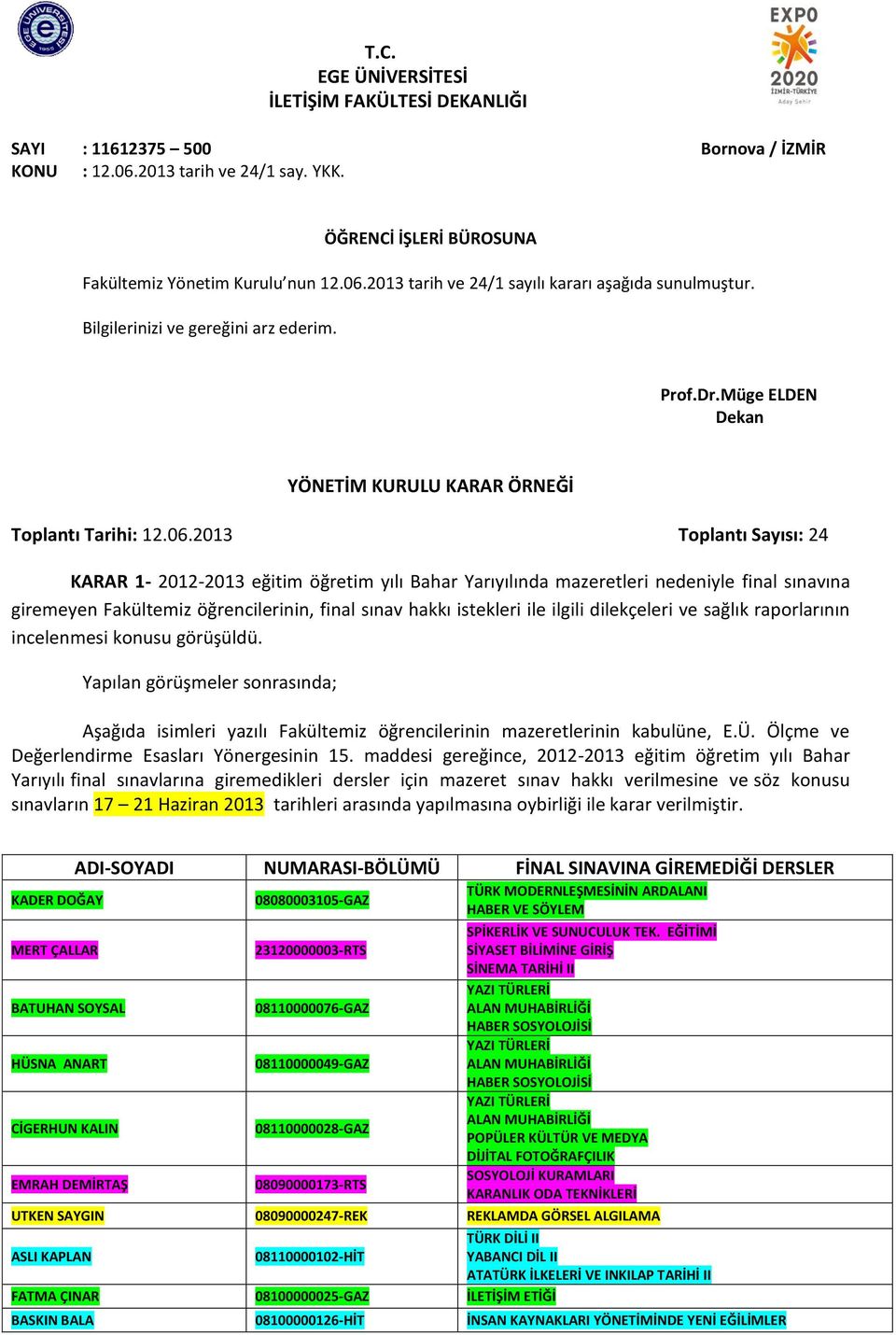 2013 Toplantı Sayısı: 24 KARAR 1-2012-2013 eğitim öğretim yılı Bahar Yarıyılında mazeretleri nedeniyle final sınavına giremeyen Fakültemiz öğrencilerinin, final sınav hakkı istekleri ile ilgili