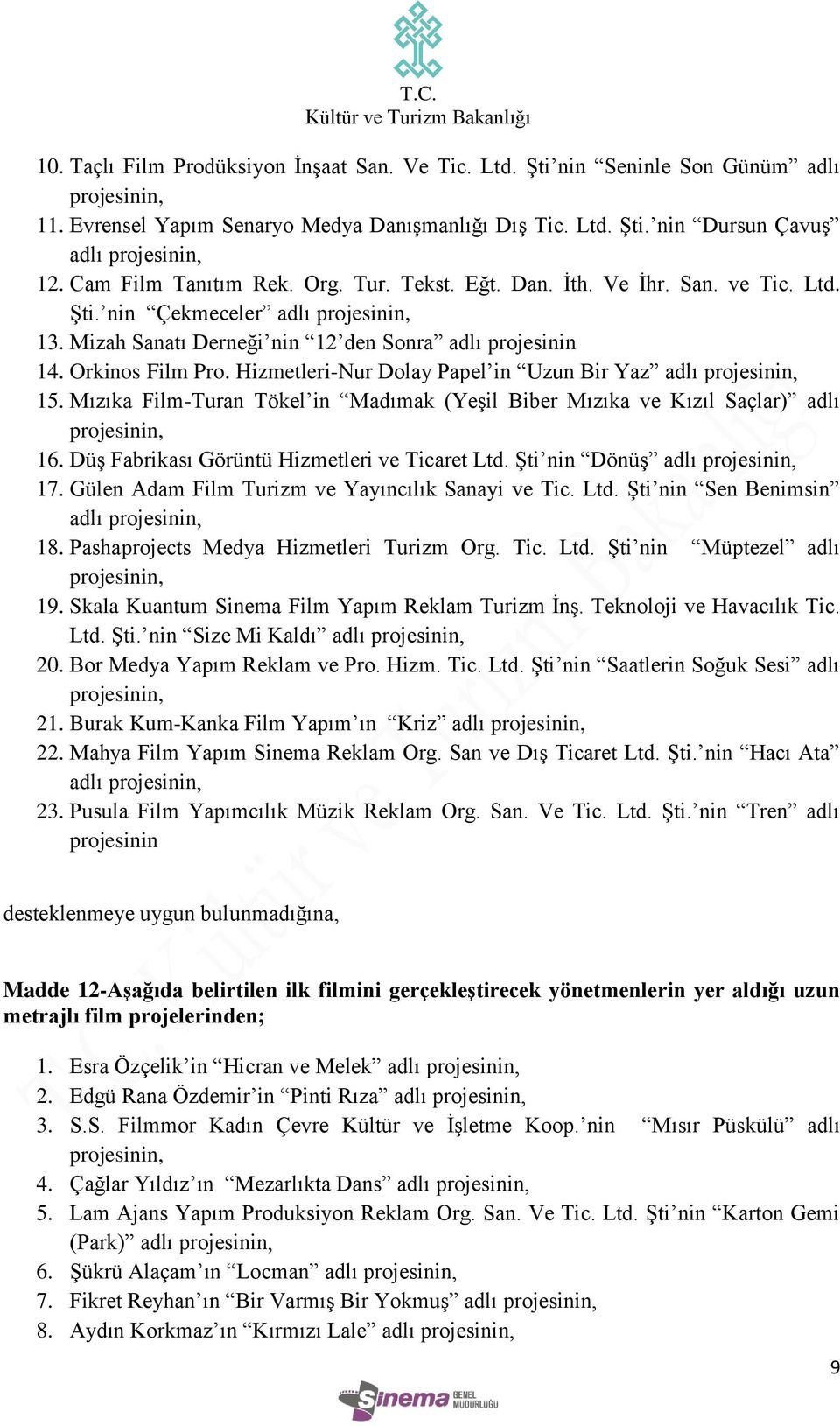 Hizmetleri-Nur Dolay Papel in Uzun Bir Yaz adlı 15. Mızıka Film-Turan Tökel in Madımak (Yeşil Biber Mızıka ve Kızıl Saçlar) adlı 16. Düş Fabrikası Görüntü Hizmetleri ve Ticaret Ltd.