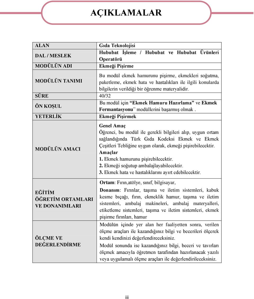 SÜRE 40/32 ÖN KOŞUL Bu modül için Ekmek Hamuru Hazırlama ve Ekmek Fermantasyonu modüllerini başarmış olmak.