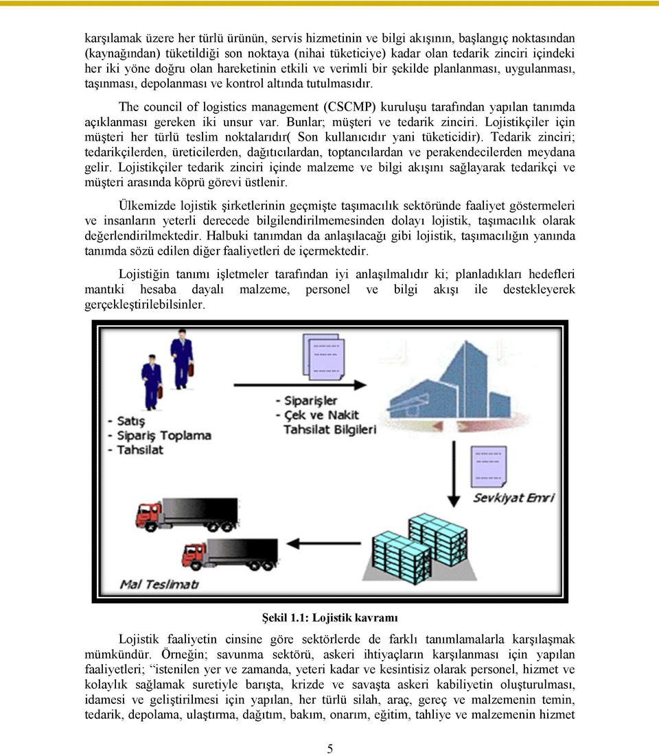 The council of logistics management (CSCMP) kuruluşu tarafından yapılan tanımda açıklanması gereken iki unsur var. Bunlar; müşteri ve tedarik zinciri.