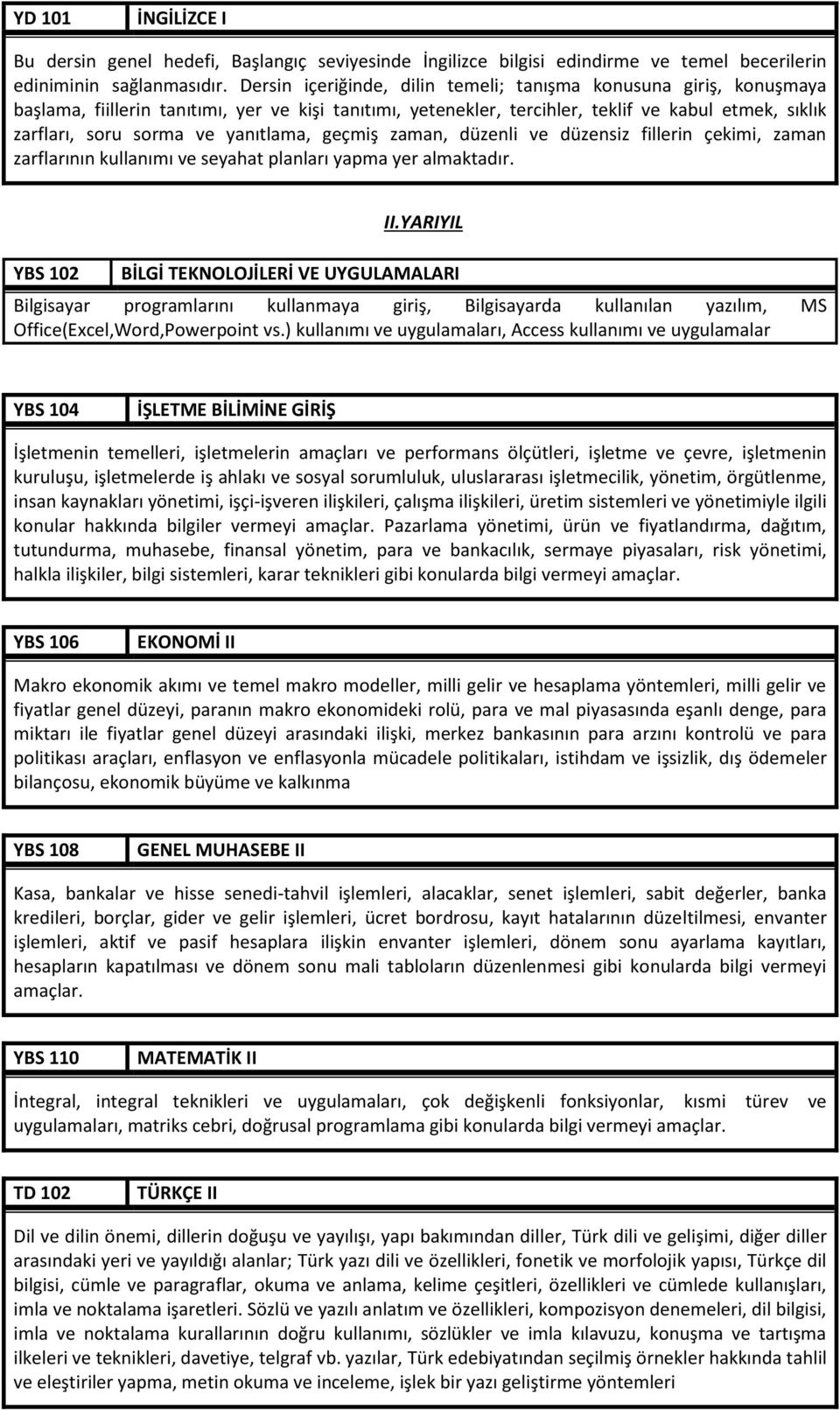 yanıtlama, geçmiş zaman, düzenli ve düzensiz fillerin çekimi, zaman zarflarının kullanımı ve seyahat planları yapma yer almaktadır. YBS 102 II.